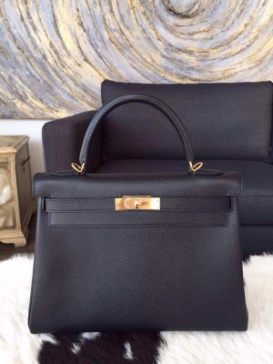 Top Hermes Kelly 32cm Epsom Palladium Hardware Handstitched, Noir RS03776